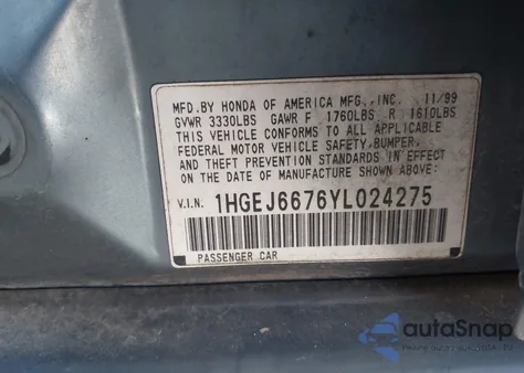 2000 Honda Civic Lx from USA, damaged, VIN 1HGEJ6676YL024275